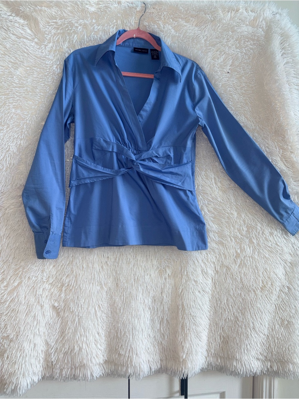 Vintage New York & Company Blue Twist Front V-Neck Long Sleeve Blouse 10